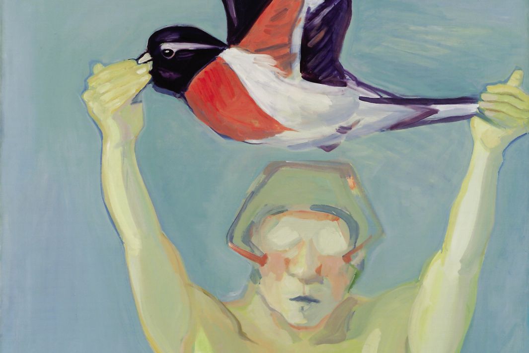 The painting by Maria Lassnig shows a naked woman with her arms stretched upwards, holding a bird - similar in plumage to a great spotted woodpecker - in her hands. The bird has its wings stretched out wide