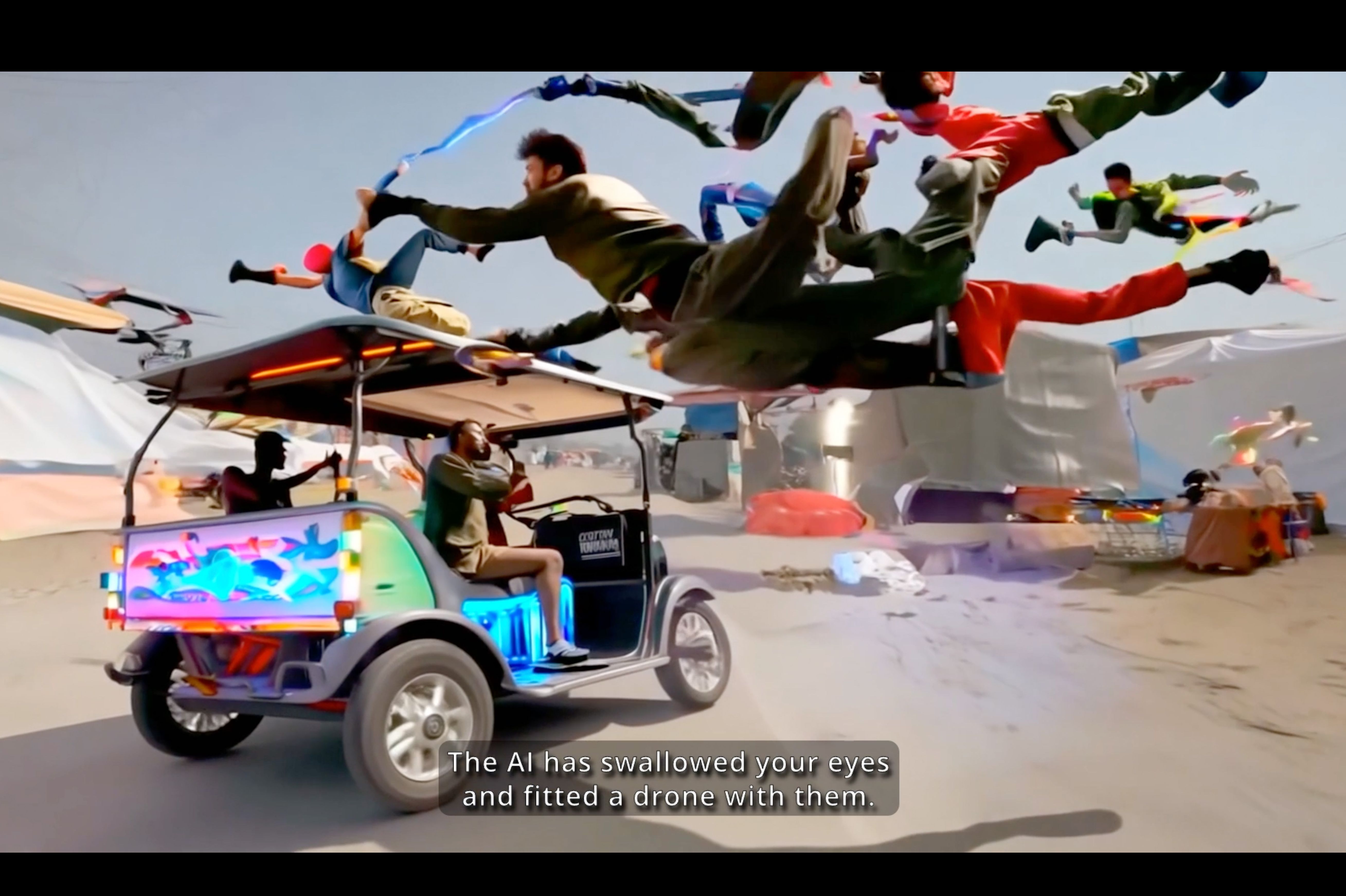 Das Foto zeigt einen Ausschnitt aus der Videoinstallation Mechanical Kurds von Hito Steyerl. Zu sehen ist ein überdachtes, aber offenes Fahrzeug, das von fliegenden Kriegern umgeben ist.