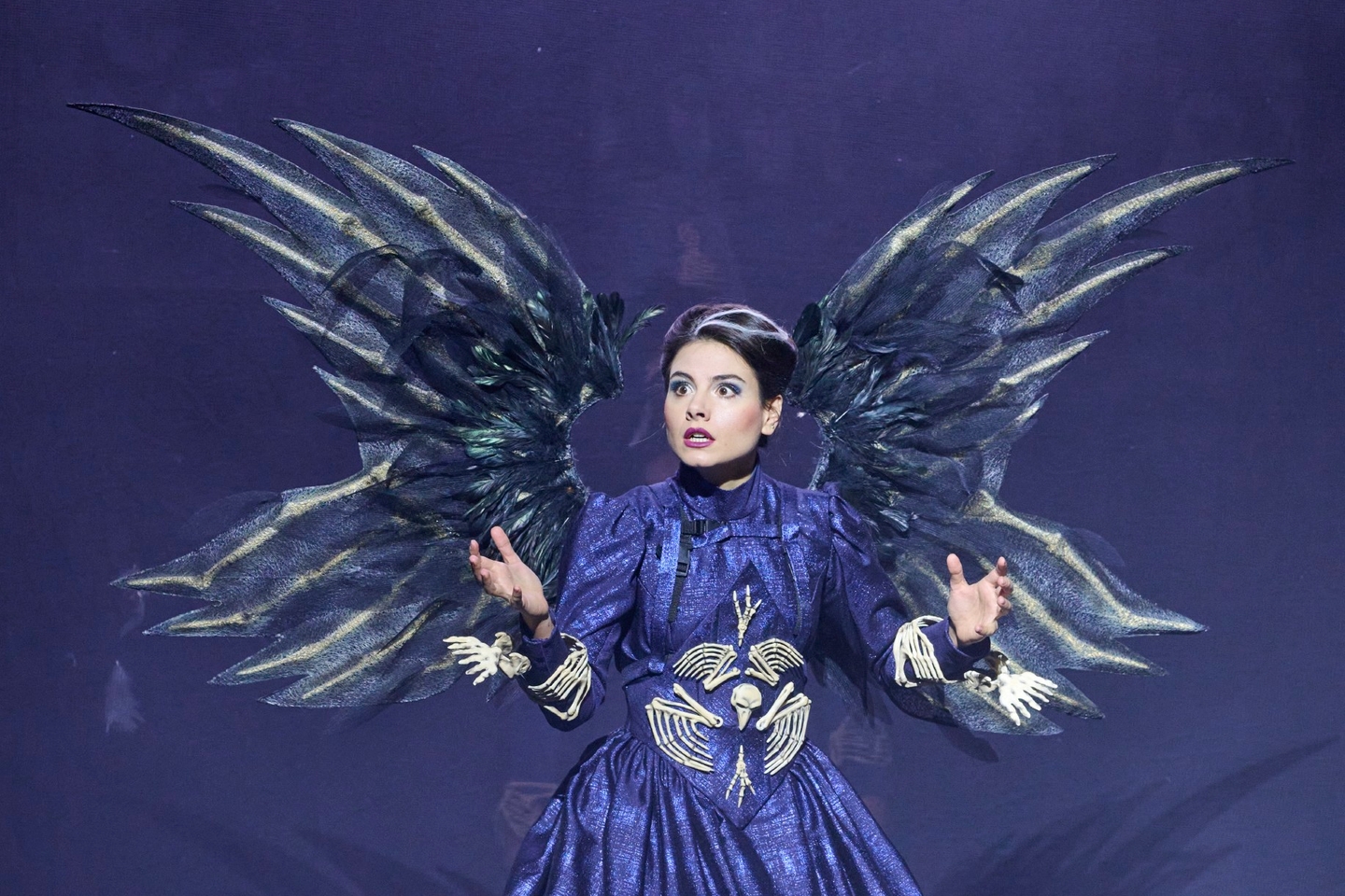 The scene photo from the opera “The Magic Flute” shows the figure of the Queen of the Night in a blue dress on which bones are appliquéd, with large dark blue wings on which bones are also painted