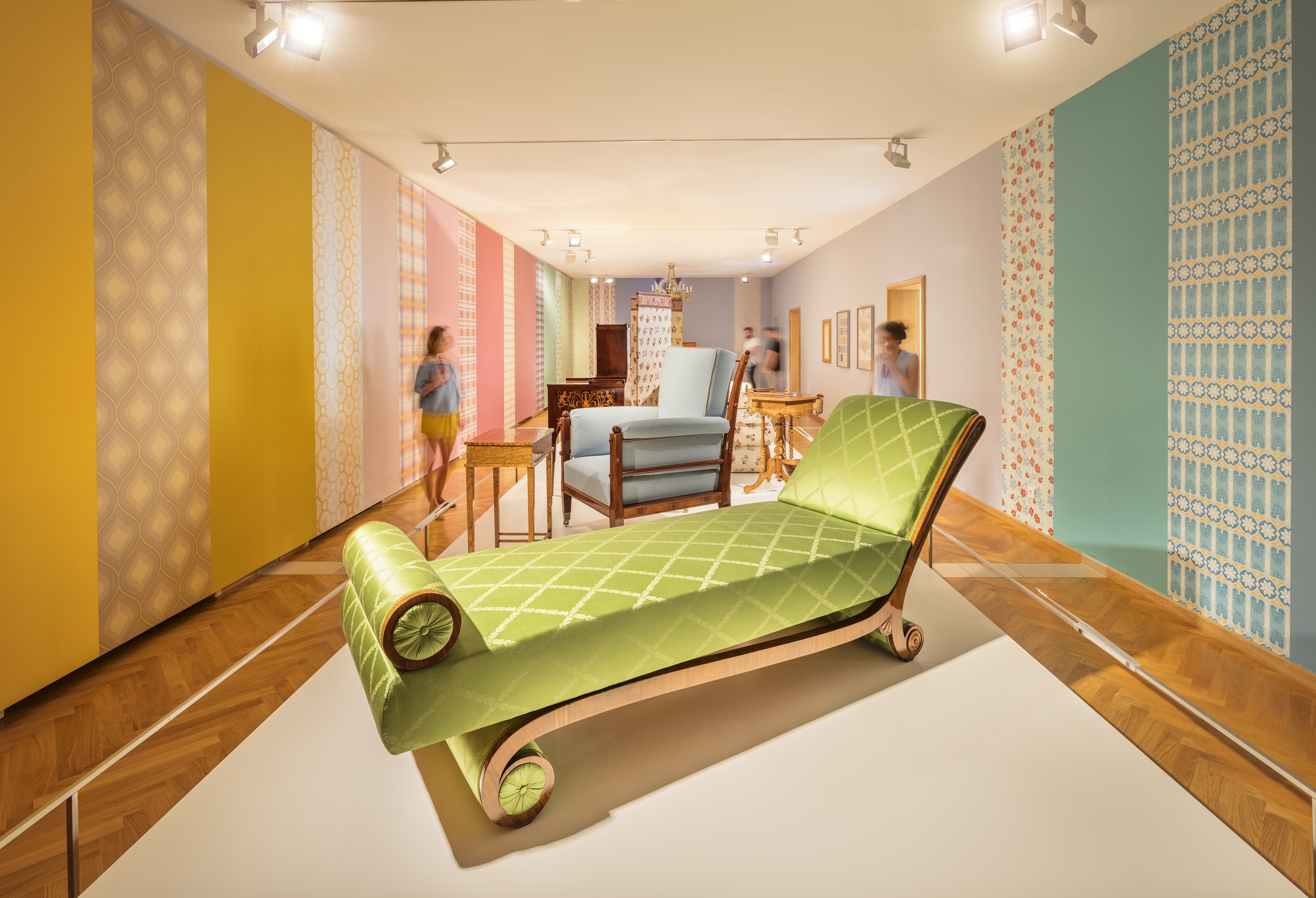 Furniture Museum Vienna, department Biedermeier: armchairs, sofas and wallpaper, in the front a lime green sofa