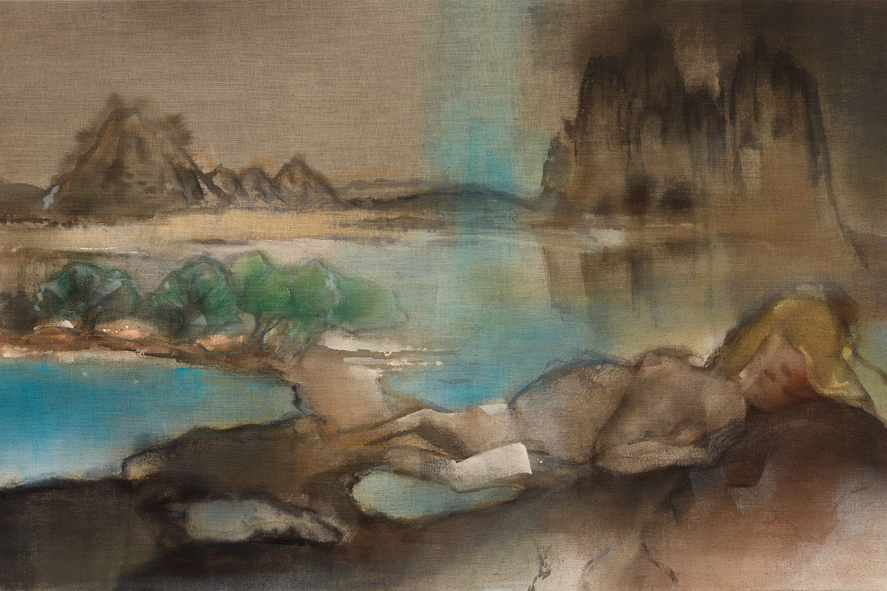 The image shows a painting by Leiko Ikemura, part 3 of a triptych: in the foreground, a person lies on the ground, behind them blue water, trees, and mountains.