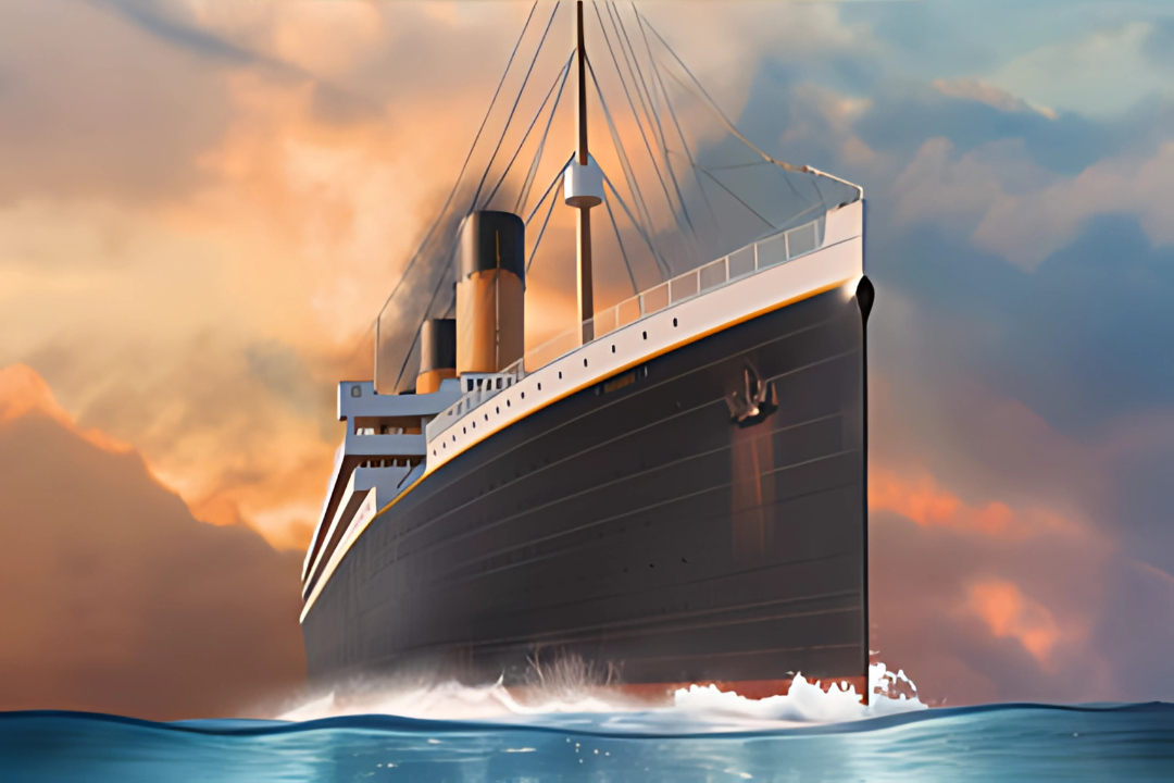 Das Veranstaltungsplakat zeigt ein großes Überseeschiff - ähnlich der Titianic